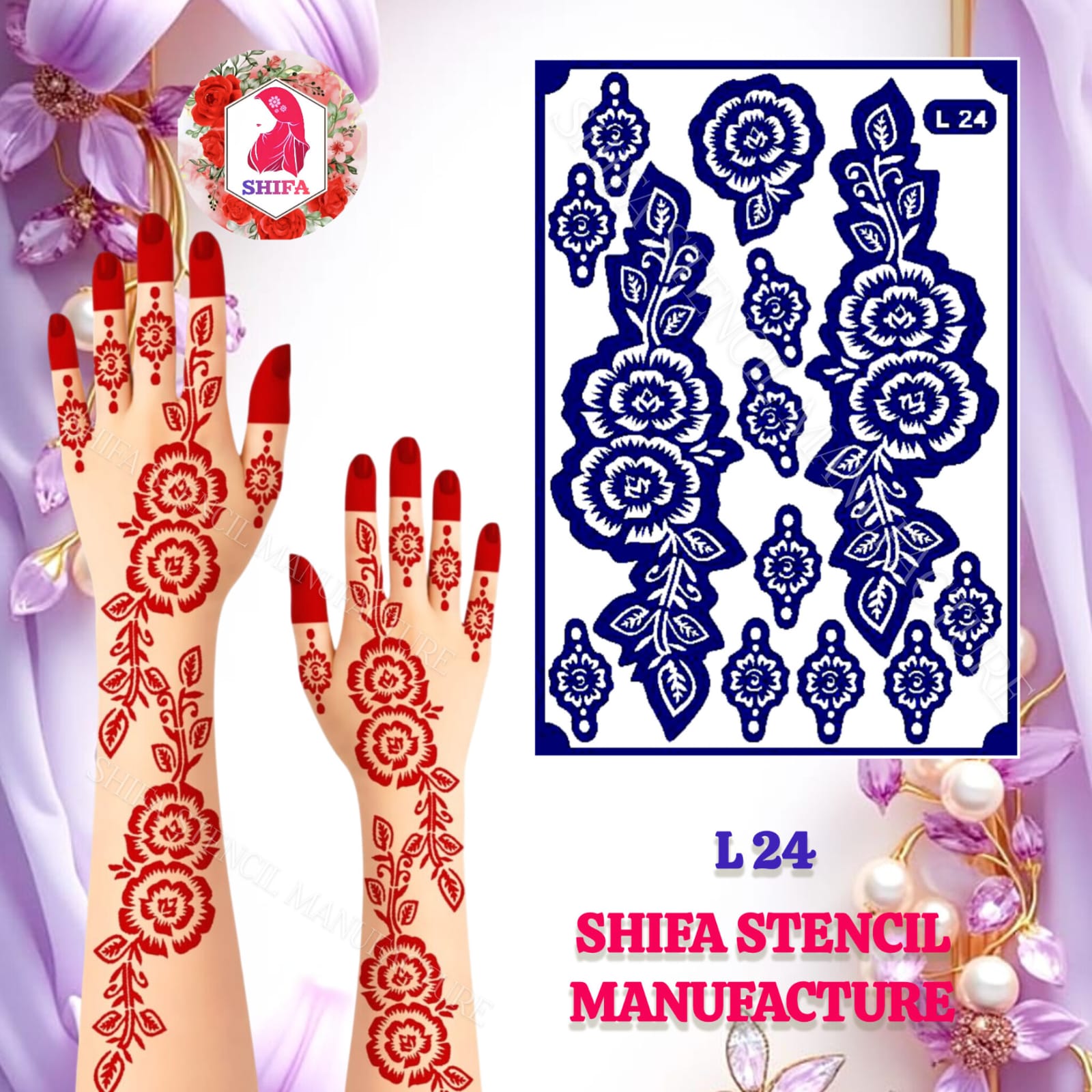 L24 Beautiful Big Flower with Leaf Themed Arabic Design  Sticker Overview  Henna Stencil - Shifa Stencil
